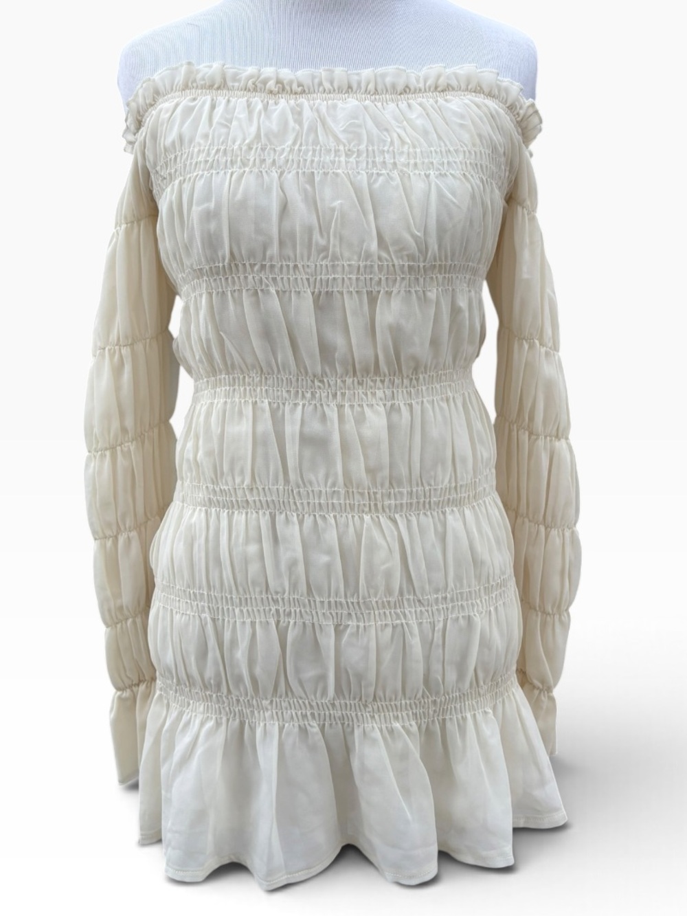 PrettyLittleThing Cream Chiffon Off-Shoulder Smocked Mini Dress